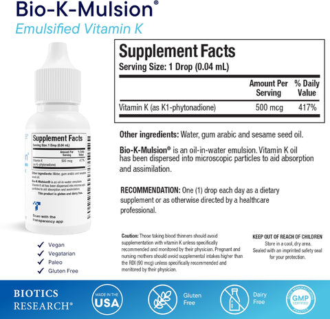 BIOTICS RESEARCH Bio K Mulsion Liquid Vitamin K Drops 500 mcg/S Vitamin K1 phytonadione for Adults VIT K Supplement Strong Bones Heart Health Blood Clotting Support 1 fl oz
