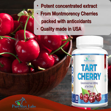 YUMMYVITE Tart Cherry - 4:1 Extract Capsules Equivalent To 1000Mg Of Montmorency Cherries, Antioxidant-Rich, Natural Uric Acid Support Supplement, Non-Gmo - 60 Capsules