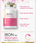 Iron Supplement for Women 45mg | 200 Tablets | Vegetarian, Non-GMO, Gluten Free, Slow Release Pills | by Carlyle