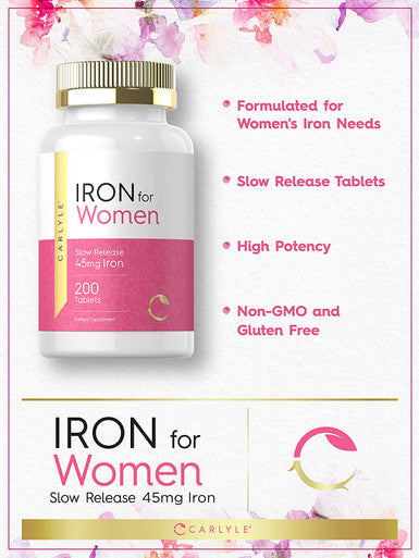 Iron Supplement for Women 45mg | 200 Tablets | Vegetarian, Non-GMO, Gluten Free, Slow Release Pills | by Carlyle