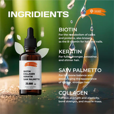 SIRUNES Liquid Collagen Supplements For Women - Comprehensive Formula Hair Skin Nails Supplement With 10000Mcg Collagen 5000 Mcg Biotin 5000 Mcg Keratin 5000 Mcg Saw Palmetto, Made In Usa, 2Fl Oz