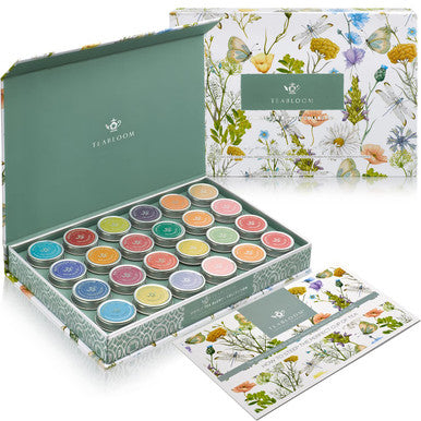 Teabloom Exceptional Loose Leaf Tea Chest World's Largest Tea Collection with 24 Varieties of USDA Organic Black Green White Oolong and Herbal Loose Tea Blends