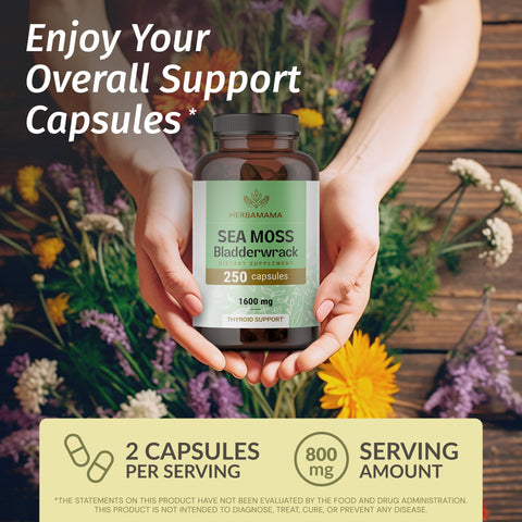 HERBAMAMA Irish Sea Moss Capsules 1600mg Sea Moss and Bladderwrack for Immune Support Vegan NonGMO Immunity Supplement for Overall Support