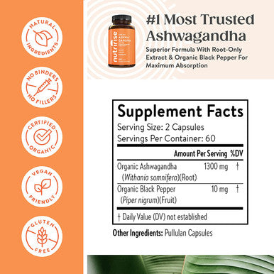 NutriRise Organic Ashwagandha Root with Black Pepper Capsules - 120ct - 1300mg, Natural Stress & Mood Relief, Sleep Aid & Thyroid Support Supplement; Ayurvedic Nootropic for Focus & Energy