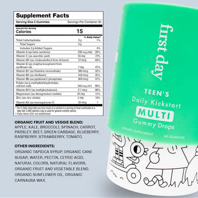 First Day Teens Daily Kickstart Multivitamin Gummies For Ages 14+ Vitamins A, B1, B2, B6, E, B12, C, D3 & K2 + Zinc & Folate Made W/Organic Fruits & Veggies, Only 2G Sugar 30 Day Supply