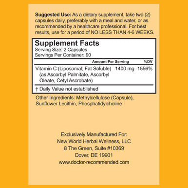 Liposomal Vitamin C 1600mg Per Serving 180 Veggie Capsules High Absorption Ascorbic Acid LypoSpheric Vitamin C Complex Immune Support Supplement with Powerful Antioxidants and Collagen Booster