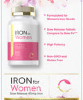 Iron Pills For Women | 45Mg | 200 Slow Release Tablets | Vegetarian, Non-Gmo, Gluten Free Supplement | By Carlyle