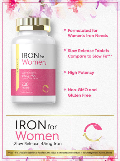 Iron Pills For Women | 45Mg | 200 Slow Release Tablets | Vegetarian, Non-Gmo, Gluten Free Supplement | By Carlyle