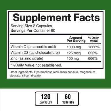 American Standard Supplements Zinc 100Mg, Vitamin C 1000Mg, And Vitamin D3 5000 Iu (125Mcg) Per Serving - Gluten Free, Non-Gmo, 120 Capsules, 60 Servings