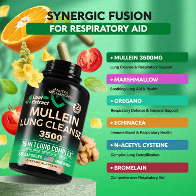 NUTRAHARMONY Mullein Leaf Extract For Lung Detox 3500 Mg - Ecea | Oregano | Quercetin | Nac - 15-In-1 Lung Support Supplement - Cleanse For Smokers - Made In Usa - As Drops, Tea, Tincture, 60 Vegan Capsules