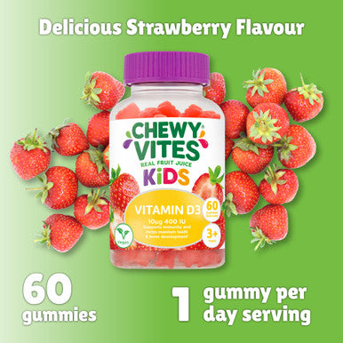 Chewy Vites Kids High Strength Vit D3 60 Kids Vitamin D Gummies 10 mcg 400 IU Vitamin D3 2 Months Supply Vegan Real Fruit Juice Age 3 + Strawberry Flavour