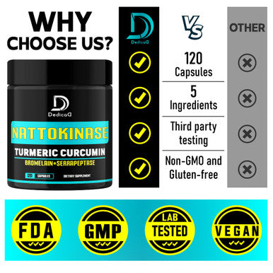 Dedicad 4-In-1 Nattokinase 2000 Fu, Turmeric, Bromelain, Serrapeptase - Body Balance, Circulation Health & Immune System - 120