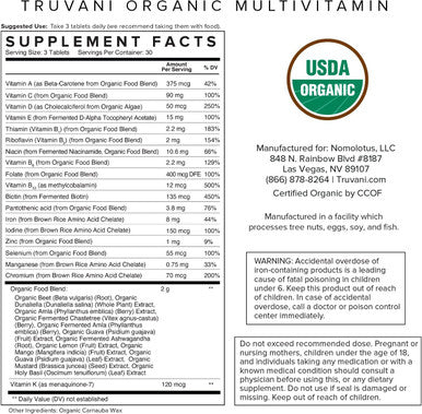 Truvani Daily Organic Multivitamin Supplement - Vegan, Non Gmo Tablets With Iron & Biotin - Dairy, Soy, & Gluten - 30 Day Supply (90 Tablets)