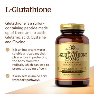 Solgar Reduced L-Glutathione 250 Mg 60 Vegetable Capsules - Antioxidant Support - Free Form Amino Acids - Non-Gmo Vegan Gluten Free Dairy Free Kosher - 60 Servings