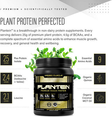 Kaged Muscle Vegan Protein Powder Plantein, Delicious Organic Pea Protein Powder with Enhanced Absorption (15 Servings, Banana Bread)