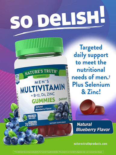 Mens Multivitamin Gummy | 70 Count | Vegetarian, Non-GMO, Gluten | with B12, D3, Zinc | Blueberry Flavor | by Nature's Truth
