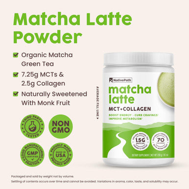 NativePath Collagen Peptides - Hydrolyzed Type 1 & 3 Collagen. Keto & Paleo Grass-Fed Protein Powder for Hair Skin Nails Bones Joints Digestion and More - No Gluten or Dairy (Matcha Latte 230g)