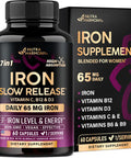 Iron Supplement For Women - Iron 65Mg (Ferrous Sulfate 325Mg) - Stomach Friendly Slow Release Iron High Absorption - Vitamins C, D3, B6, B12 & Folate - Iron Level & Energy Support - 60 Capsules