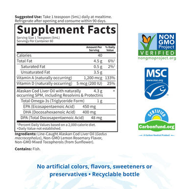 Garden of Life Dr. Formulated Alaskan Cod Liver Oil - Lemon Flavor 80 Servings - 1000 Mg Omega 3S (Epa Dha & Dpa) + Vitamins A & D Non-Gmo Sustainably Sourced & Line-Caught 400Ml (13.52 Fl Oz)