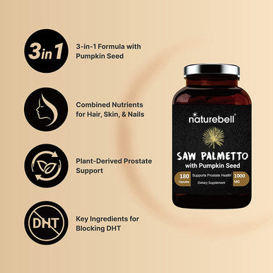 Naturebell Saw Palmetto Complex Saw Palmetto Powder Extract with Pumpkin Seed 1000mg 180 Capsules 3 in 1 Formula Prostate and Hair Growth Supplement Decrease Frequent Urination for Men Women
