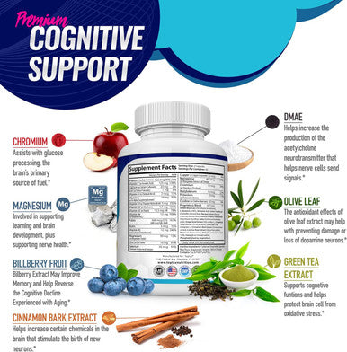 Toplux Brain Supplement Nootropic Brain Pills Vitamin With Dmae, Bacopa Monnieri, L-Gutamine, For Men Women, 60 Capsules, Nutrition