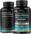 NUTRAHARMONY Irish Sea Moss | Black Seed Oil | Ashwagandha | Burdock | Chlorophyll | Supergreens - Made In Usa Pills - Natural Multi Supplements Blend - Immunity, Detox, Energy Support - 15000Mg, 90 Vegan Capsules