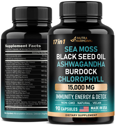 NUTRAHARMONY Irish Sea Moss | Black Seed Oil | Ashwagandha | Burdock | Chlorophyll | Supergreens - Made In Usa Pills - Natural Multi Supplements Blend - Immunity, Detox, Energy Support - 15000Mg, 90 Vegan Capsules