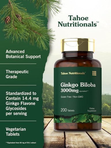 Carlyle Ginkgo Biloba | 3000mg Per Serving | 200 Tablets Extra Strength | Vegetarian | Non-GMO & Gluten Supplement | Tahoe Nutritionals