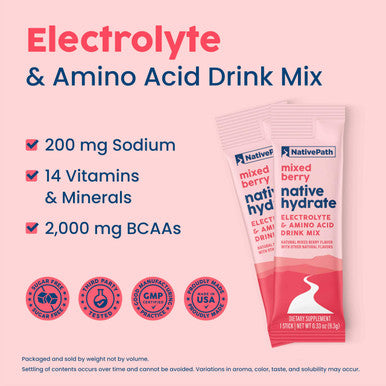 NativePath Native Hydrate Stick Packs Sugar Free Electrolytes Powder with BCAAs Mixed Berry Hydration Keto & Paleo Friendly 30 Servings