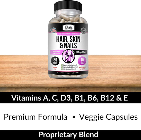 Kaya Naturals Hair Skin Nail Capsules BIOTIN Vitamin D Vitamin B12 A Folic Acid Support Hair Support Vitamin Supplement 180 Count