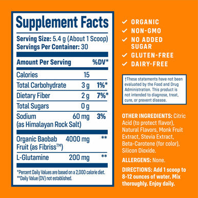 NativePath Organic Baobab Prebiotic Fiber Powder - Digestive Health Supplement - Natural Orange Flavor 30 Servings