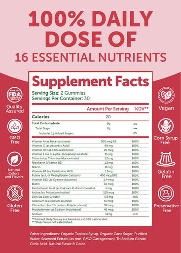 Lunakai Usa Made Womens Multivitamin Gummies - Delicious Daily Dose With 16 Multi Vitamins For Women - Energy & Immune Support, Non-Gmo, 60 Ct