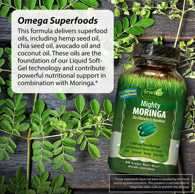 Irwin Naturals Mighty Moringa 1,000 Mg With Chia Coconut Hemp Avacado & Omega Superfoods - 60 Liquid Softgels With Pill Case