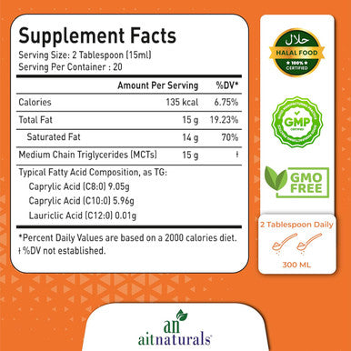 Aitnaturals Organic MCT Oil from Coconuts | Non-GMO Keto Fuel for Brain & Body Supports Energy | for Keto & Paleo Diet Friendly | Perfect in Coffee Smoothies & Salad