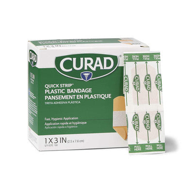 Curad Quick Strip Plastic Sterile Adhesive Bandages with Fast Application 1" x 3" Box of 100
