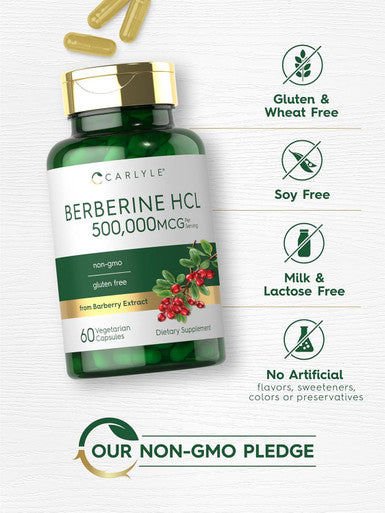 Carlyle Berberine Supplement 500000mcg | 60 Capsules | Berberine HCL | Vegetarian Non-GMO Gluten