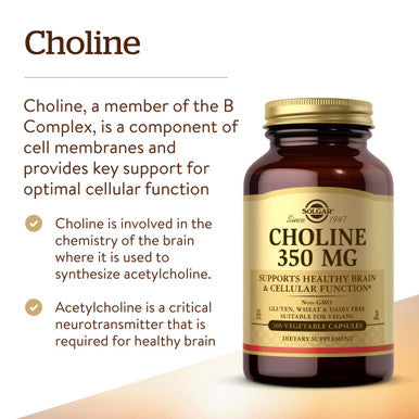 Solgar Choline 350 Mg 100 Vegetable Capsules Supports Healthy Brain and Cellular Function Vegan Gluten And Dairy Free Kosher 100 Servings