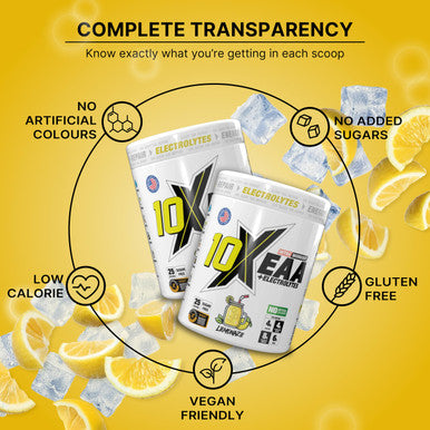 10X Athletic Full Essential Amino Acids Blend with Electrolytes Sugar Free EAA Powder for Energy Endurance Hydration and Recover 25 Servings 450 g Various Flavours (Lemonaze)