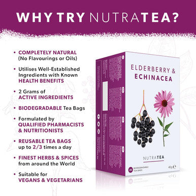 Nutra Tea - Elderberry & Ecea Tea | Elderberry Tea - Immunity Tea | Immune Tea - 20 Tea Bags - Herbal Tea