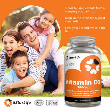 5StarLife Vitamin D3 3000iu, 120 Softgel Capsules, Daily VIT D3, 4 Months Supply