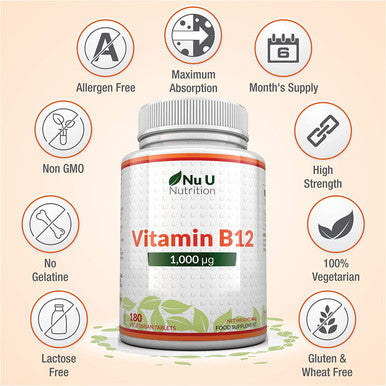 Vitamin B12 1000g - High Strength B12 Methylcobalamin - 180 Vegetarian Tablets (6 Month Supply) - Made in The UK by Nu U Nutrition
