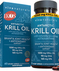 Antarctic Krill Oil 1250 mg, Omega 3 EPA DHA and Astaxanthin, Joint Support and Brain Supplement with Antioxidant Properties, No Fishy Aftertaste, 60 Capsules