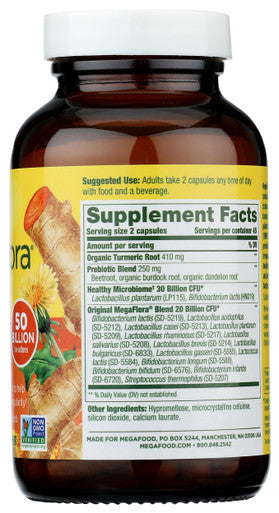MegaFood Megaflora Probiotic + Prebiotics + Turmeric - Probiotics For Women & Men - Probiotics For Digestive Health - 50 Billion Cfus - 14 Strains - Vegan - Non-Gmo - 90 Caps (45 Servings)