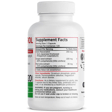 Bronson Resveratrol 500 Complex Standardized Trans-Resveratrol + Grape Seed & Red Wine Extract, 120 Capsules