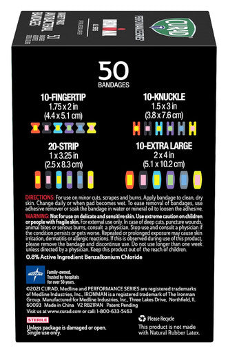 Curad Performance Series Ironman Antibacterial Bandages Extreme Hold Adhesive Technology Finger & Knuckle Bandages Flexible Fabric Variety Pack with Assorted Sizes & Colors 50 Count