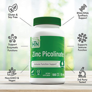 Health Thru Nutrition Zinc Picolinate 75mg 15mg Elemental Zinc Immune Support Vegan NonGMO Clean Label Vegecaps Pack of 100
