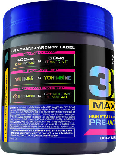 USN 3XT Max Pre-Workout Supplement Drink Mix Powder for Energy, Endurance and Pump, Nitric Oxide, Citrulline, Caffeine, Zero Creatine, Fruit Punch, 6.3493 Oz