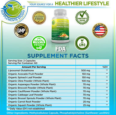 Liposomal Glutathione 500mg Reduced Glutathione Supplement with Organic Whole Foods for Enhanced Absorption Master Antioxidant Detoxifier Immune Cardiovascular Support 2 Month Supply