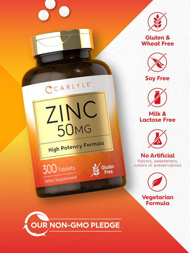 Carlyle Zinc 50Mg 300 Tablets Vegetarian, Non-Gmo, And Gluten Supplement Zinc Gluconate High Potency Formula