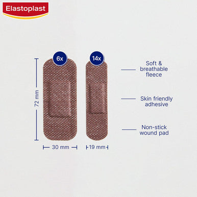 Elastoplast Sensitive Hypoallergenic Dark Skin Tone Plasters (20 Pieces), Painless Removal, Breathable Fabric, 19G, Large, 1 Count